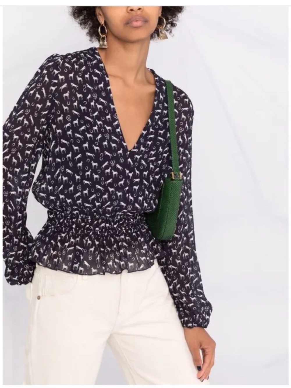 Maje Navy & White Printed Peplum Blouse